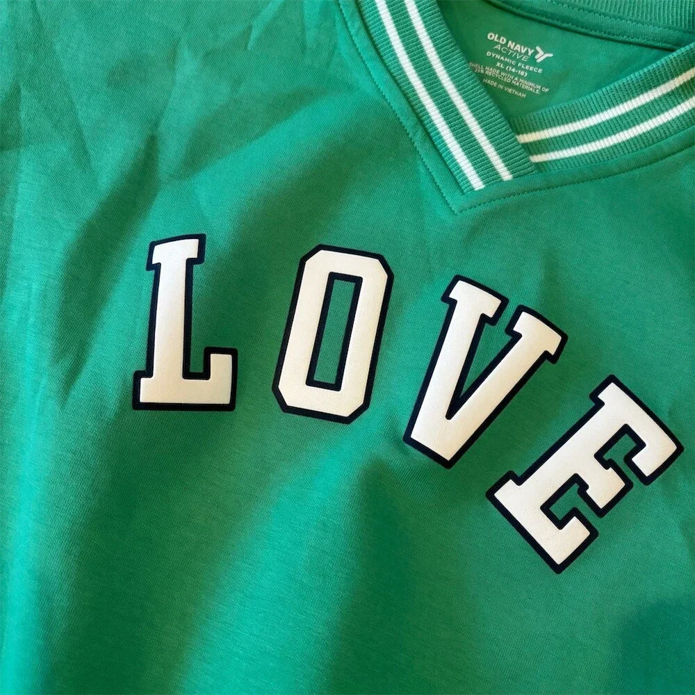 Old Navy Active Girls Sweatshirt XL 14-16 Green V-Neck LOVE Graphic